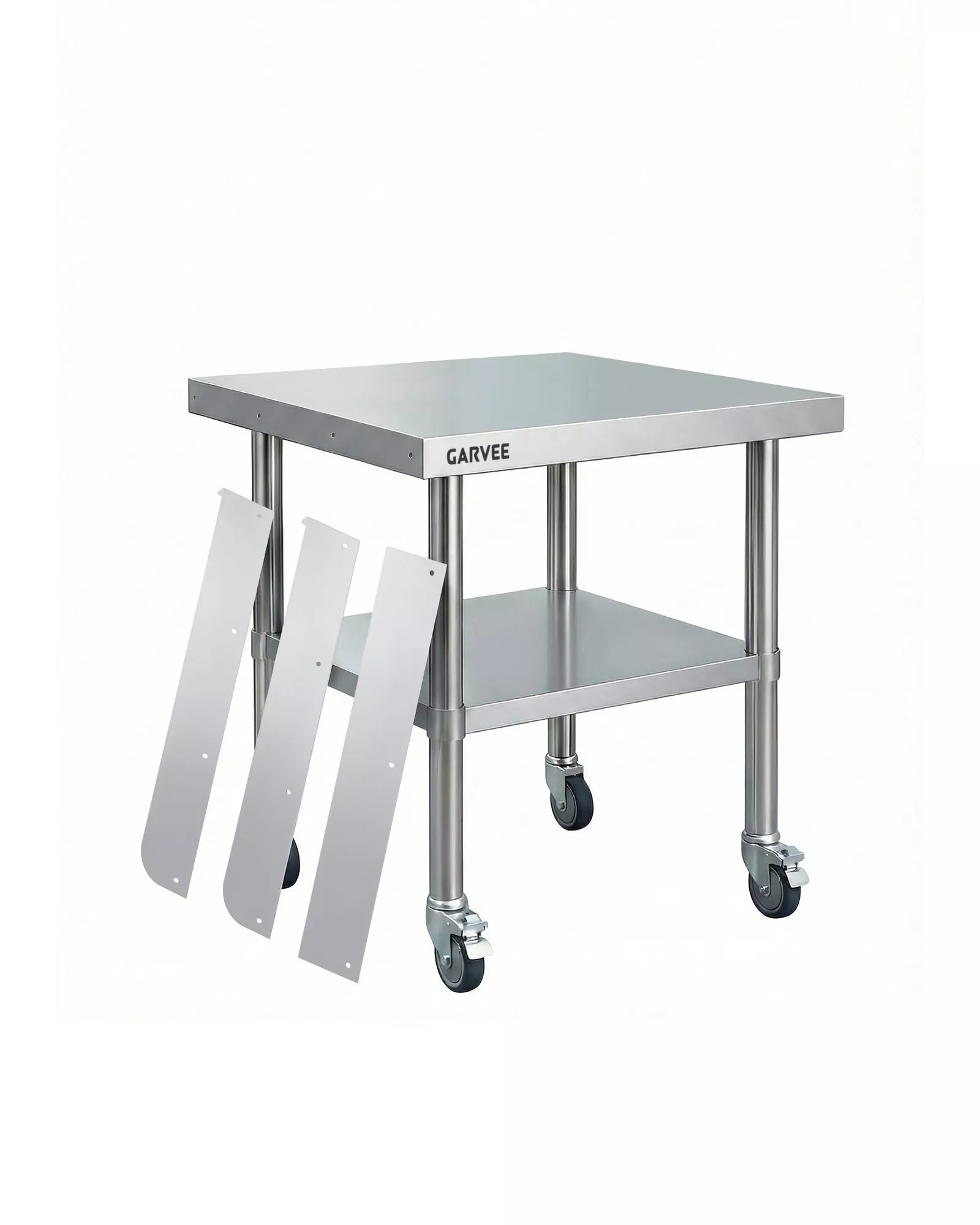 Stainless Steel Work Table, 24x24x26 Inch Commercial Food Prep Worktable with Wheels, Detachable 3-Sided Backsplash & Height-Adjustable Shelf, Heavy Duty Workbench for Kitchen Restaurant Garage