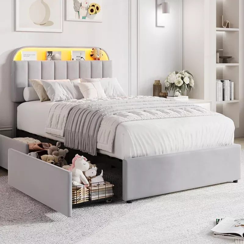 Velvet Upholstered Twin XL Bed Frame with Storage Drawers, Bookcase Headboard, LED Lights, Noise-Free, Easy Assembly, No Box Spring Required – Gray, Twin XL Size