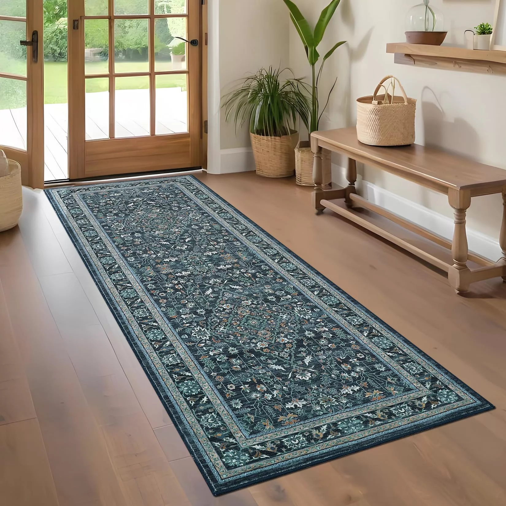 Washable 2×6 Rugs Vintage Distressed Non Slip Runners for Bedroom Hallway Kitchen Blue