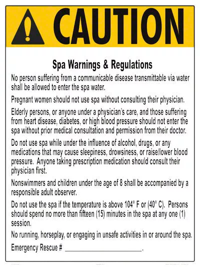Wyoming Spa Warnings and Regulations Caution Sign – 18 x 24 Inches on Styrene Plastic